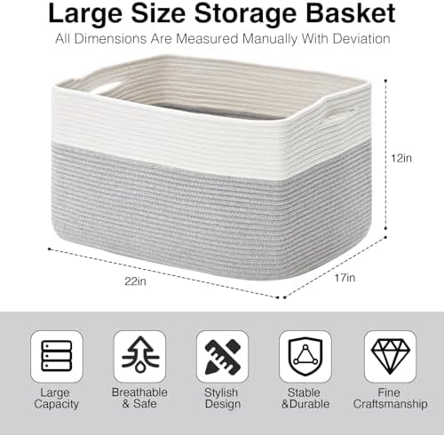 ICERZCZ Large Blanket Basket Living Room, Rectangle Storage Basket, Large Basket for Blankets, Woven Cotton Rope Baskets for Storage Toy Dirty Clothes, 22”x17”x12”, White & Grey, 75L - Image 3