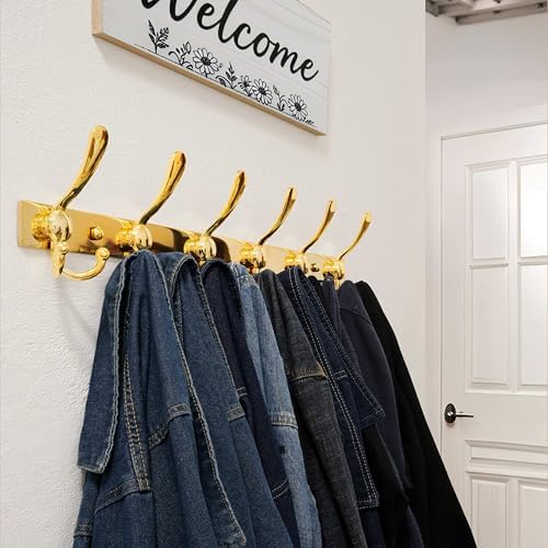 Dseap Coat Rack Wall Mount 24 Inch, Heavy Duty 12-Gauge Base vs Flimsy 1mm, Double-Thick Solid Anti-Snap Hooks, Stainless Steel 6-Hook Hanger Organizer for Clothes Hat Closet Entryway, Gold - Image 5