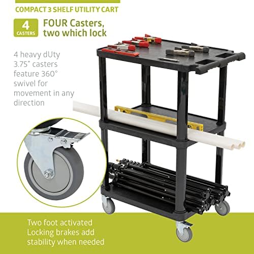 Pearington 3-Tier Compact Multi-Purpose Utility Cart with Lockable Wheels and Ergonomic Handle, Black, 2 Pack - Image 6
