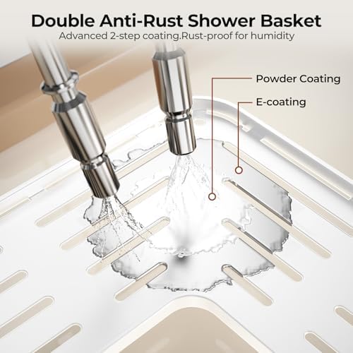 Orimade Rustproof 4 Tier Floor Standing Corner Shower Caddy Organizer with Toothbrush Holder, Large Spacing Floor Shower Shelf Rack Storage Stands with Hooks for Bathroom Kitchen, White - Image 4