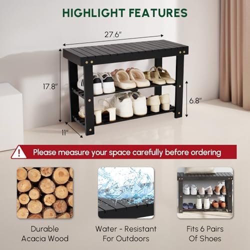 BEEFURNI Acacia Wooden Shoe Rack Bench for Entryway, 3-Tier, Black - Image 3
