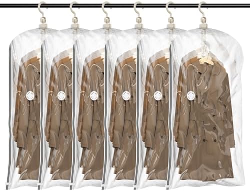 Hanging Vacuum Storage Bags, 6 Large Vacuum Pack Bags for Clothes Reusable Space Saver Bags Vacuum Compression Storage Bags for Winter Coats Wardrobe Coats, Suits & Dresses Garment 5-Ring Hangers by TAILI