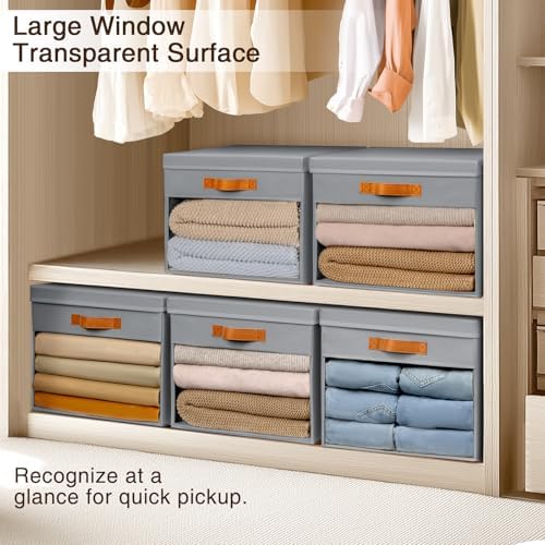 Homsorout Large Storage Bins with Lids - 4 Pack Foldable Decorative Organizers with Clear Windows & Handles, Cube Storage Organizers for Clothes, Blankets, Sweaters, Sheets, Grey - Image 5