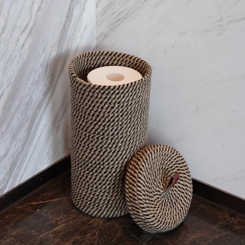 Handmade Cotton & Jute Toilet Paper Holder – Woven Toilet Paper Stand & Storage Basket with Lid, Freestanding Organizer for Bathroom, Fits 3 Mega Rolls 14" x 7'' - Image 4