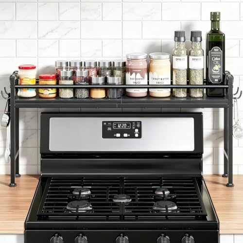 Simple Trending 32.4" Wide Over the Stove Spice Rack with 4 Hooks, Black by SimpleTrending