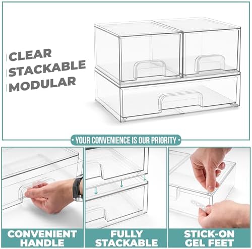 Sorbus Clear Stackable Storage Drawers (3 Pack, 4.4'' Tall and 12.1'' Wide) - Image 5