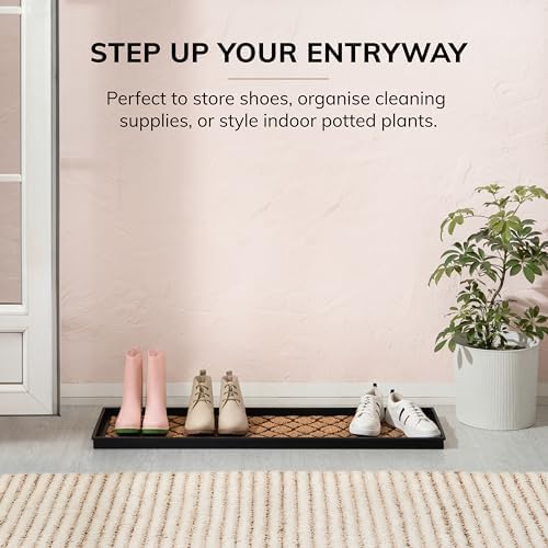 Anji Mountain Heavy Duty Waterproof Rubber Shoe Storage Mat Organizer/Boot Storage Multi Use for Entryway with Coir, Tan and Black Trellis Insert, Fits 4 Pair (46.5" Wide) - Image 2