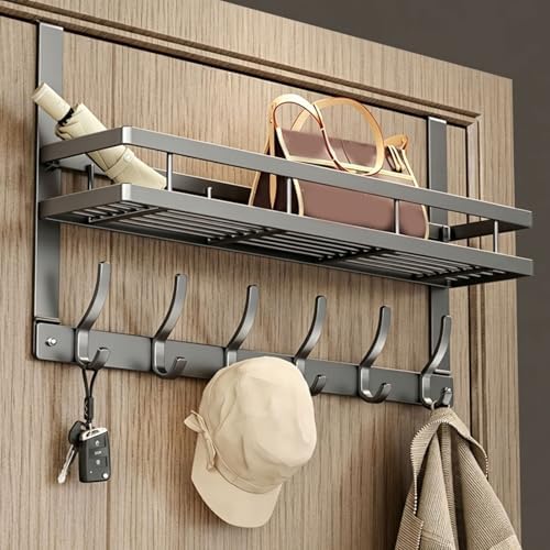 Over the Door Hooks with Storage Basket, Space Saving Over the Door Organizer, Carbon Steel Door Hanger Organizer Detachable Storage Basket, Tool-Free Door Hooks (Gray 6 Hooks) by Unknown