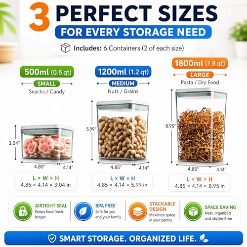 Airtight Food Storage Containers with Lids – 6 Pack BPA-Free Pop Containers for Pantry Organization, Cereal, Flour, Rice, Sugar – Stackable Kitchen Canisters (0.5, 1.2, 1.8 Qt) Set of 6 - Image 3