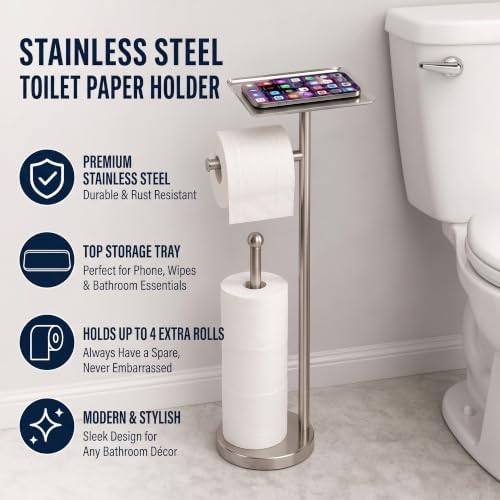 Toilet Paper Holder with Shelf, Freestanding Toilet Paper Stand with Storage Space for Holding Extra 4 Toilet Paper Rolls On the Base, Stainless Steel in Brushed Nickel Finish - Image 2