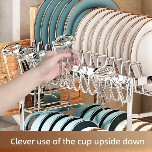 TarnorLe Double Layer Dish Drying Rack, Storage Super Large Bowl Dish Rack, Multifunctional Kitchen Countertop with Drain Pan, 304 Stainless Steel Kitchen Drying Rack, Tableware, Glass Drying Rack - Image 3
