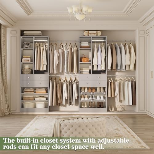 Besiost Closet System, Up to 134"/11.2 FT Closet Organizer with 4 Wooden Drawers and Shelves, Walk-in Closet System with 6 Hanging Rods, Built-in Closet Can Fit 96"/8FT, 120"/10FT, Morandi Grey Set 2 - Image 6