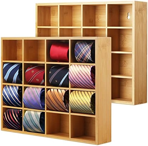 Wesiti Tie Box Organizer Wall Mounted Tie Rack with 16 Compartments Bamboo Belt Holder for Men Scarf Necktie Home Wall Closet(Wood Color,2 Pieces) by Unteilti