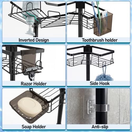 Shower Corner Caddy Organizer for Bathroom, 4-Tier Adjustable Shelves with Tension Pole, No Drilling Shower Rack with Holders for Toothbrush, Soap and Razor, 34 to 125 Inch Height - Image 4