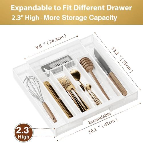 Sedegn Expandable Kitchen Utensil Organizer - 9.6" to 16.1" Adjustable Cutlery Tray with 5-7 Compartments - Fits Various Drawer Sizes & Holds Large Ladles Spatulas Forks Spoons & Knives White - Image 2
