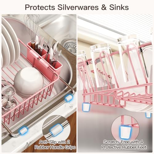 MAJALiS Pink Expandable Dish Drying Rack Over Sink with Extra Drying Mat - Image 5