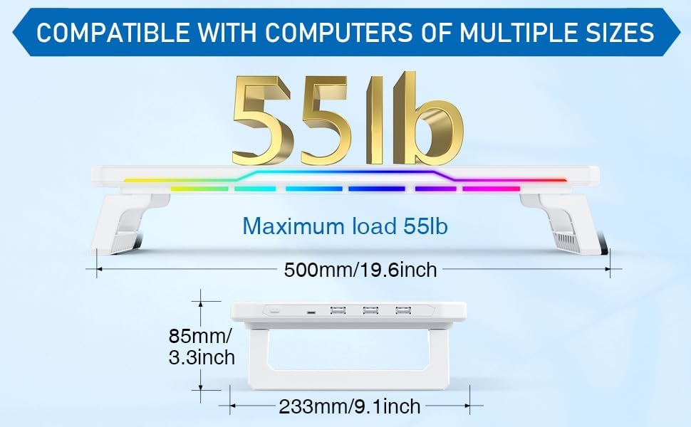 Monitor Stand Riser with USB 3.0 Hub & Type-C Port, 15W Fast Wireless Charging & RGB Lighting, Desk Organizer for Home Office PC iMac 27 Inch (White) - Image 5