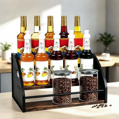 3-Tier Coffee Syrup Rack with Easy-Carry Handles | Retro Large Countertop Bottle Organizer Shelf |15 Syrup Bottles Holder | Sturdy Freestanding Bar Stand for Coffee, Whiskey & Spirits by HRUSGO