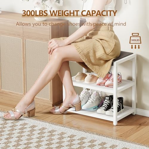 Small Shoe Bench Shoe Rack Storage Bench Entryway Bench Shoe Shelf with Seat Cushion, Stable Shoe Organizer for Entryway, Living Room, Bench Seat Holds Up to 300 lb, (18"L x 12"W x 17"H, White) - Image 3