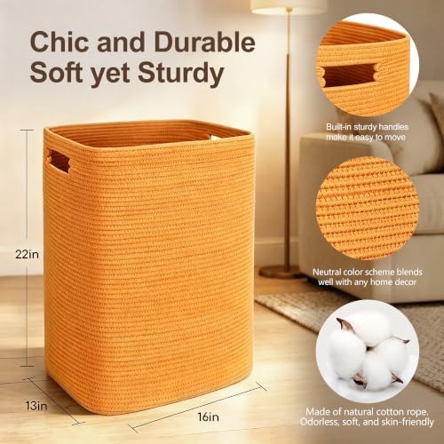 MEGASKET Orange Laundry Hamper 16"x13"x22" - Tall Woven Laundry Basket, Large Cotton Rope Clothes Hamper, Bedroom Aesthetic, Soft Kids Baby Nursery Laundry Bin, Orange Hamper for Room Decor, 75L - Image 2