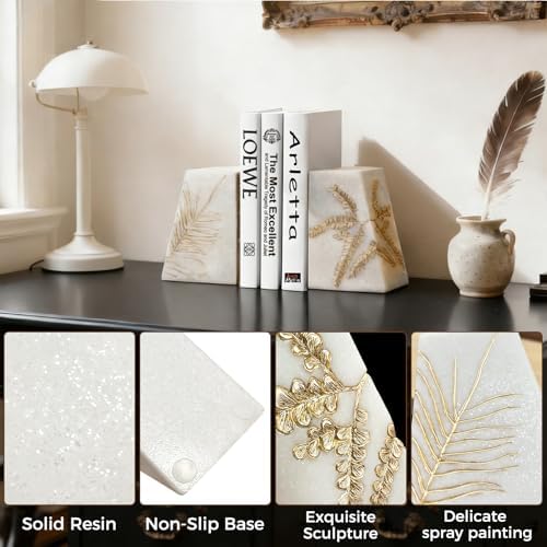 Heavy Duty Book Ends for Shelves, Decorative Book Ends for Heavy Books, Resin Modern Bookends with Marble Texture & Gold Botanical Detail, Minimalist Bookends for Home Decor, Set of 2 - Image 5