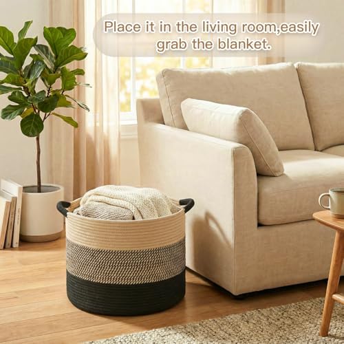 Artfeel 70L Large Cotton Rope Basket, Decorative Woven Blanket Storage for Living Room, Boho Toy Storage & Toy Box for Kids, Versatile Laundry Basket & Nursery Hamper for Blankets(BlackBrown) - Image 2