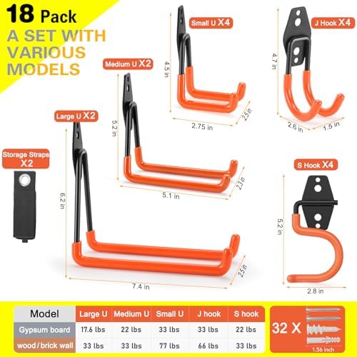 18 Pack Heavy Duty Garage Hooks, Utility Wall Mounted Storage System, with Anti-Slip Coating Hanger, for Hanging Power and Garden Tools, Ladders, Bikes, Ropes and Bulk Items - Image 3