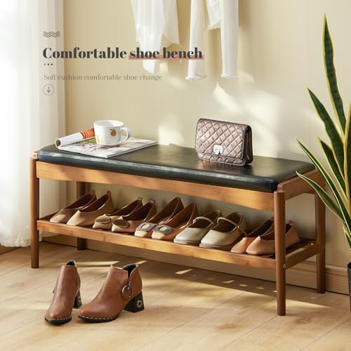 STDDRE Shoe Rack Bench Entryway Bamboo Shoe Storage Bench with Leather Cushion 2 Tiers Shoe Rack Entryway Bench for Hallway, Living Room,Bedroom(Black Bench top+Brown Frame) - Image 7