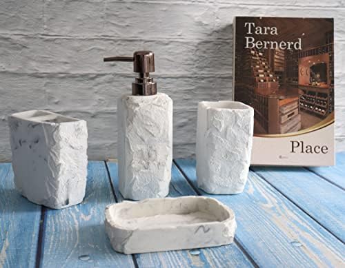 Hymmah Marble Bathroom Accessories Set,Marble Design Toothbrush Holder,Farmhouse Bathroom Decor,4 Pcs Resin Gift Set Apartment Necessities, Contain Toothbrush Cup,Soap Dispenser,Soap Dish,Tumbler - Image 5
