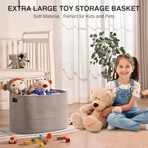 ICERZCZ Large Grey Storage Basket, Blanket Baskets for Living Room, Large Toy Basket for Storage, Woven Cotton Rope Baskets for Blankets, Clothes, Shoes, Books, Grey, 25”x16”x16” (105L) - Image 5
