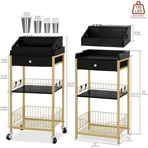 Black and Gold Rolling Makeup Cart with Drawer, Hair Tool Holder - Image 6