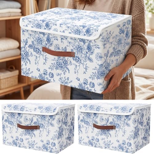 2 Pack Blue Floral Storage Bin with Lids, 15x10x10 Inch by Unknown