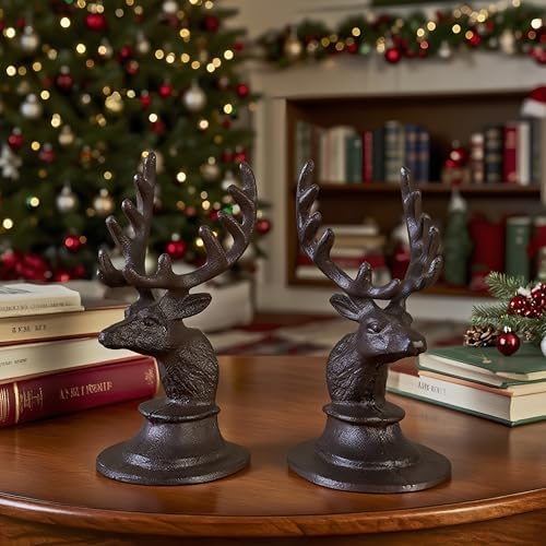 Decorative Bookend Deer Head Antler Book Ends Heavy Duty Cast Iron Vintage Shelf Decor, Antique Brown - Image 5