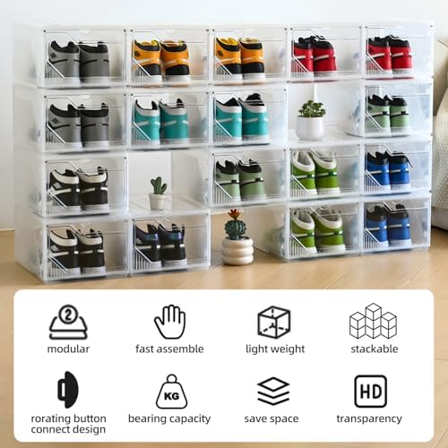 Large Shoe Boxes Clear Plastic Stackable，Drop Front Shoe Box with Clear Door, Shoe Containers For Sneaker Display,Fit up to US Size12 (white clear-Conjoined structure, 10 pack) - Image 2