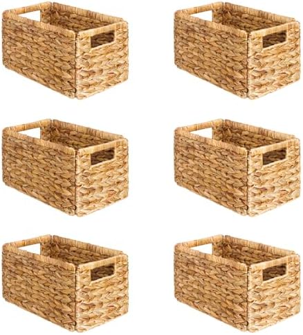 SpaceAid 6 Pack Wicker Basket, Storage Baskets for Organizing, Woven Rattan Basket with Handles for Shelves, Water Hyacinth Large Cube Organizer Storage Bin, 13x8.2x7 inch, Natural by SpaceAid