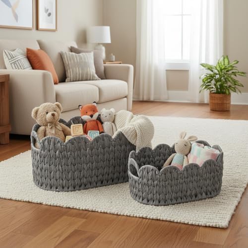 Set of 2 Scalloped Baskets, Small Wicker Baskets for Gifts, Grey - Image 4