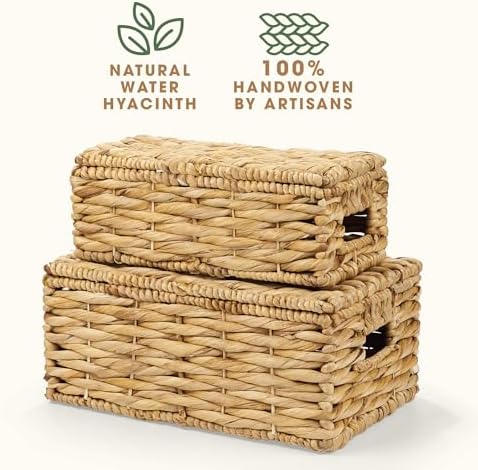 84ECO Set of 2 Wicker Baskets with Lid - Decorative Storage Boxes for Home Decor, Shelves - Woven Basket with Lid - Wicker Decor - Rattan Box - Decorative Bins with Lids (Natural) - Image 7