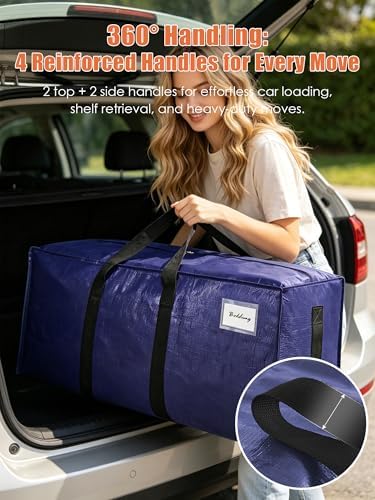 SWEET DOLPHIN 12 Pack 200LB Heavy-Duty Moving Bags with Wrap-Around Handles, Extra Large Storage Totes for Space Saving, Clothes Storage Bags, College Dorm Essentials, Blue, 24 Gal - Image 5