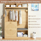 43.3" Hall Tree with Shoe Storage, Entryway Coat Rack with Flip Drawers Shoe Cabinets, Padded Shoe Changing Bench, Metal Hanging Rod & Hooks, Fluted Grain Accent Entryway Organizer for Hallway - Image 4