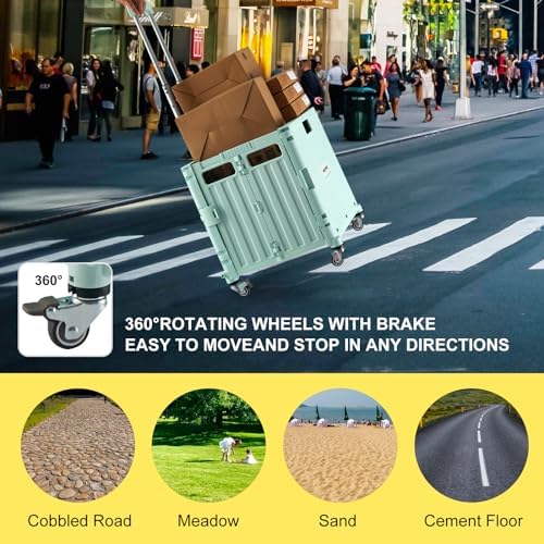 MACOPRO Folding Utility Cart Portable Rolling Crate Handcart Shopping Trolley Collapsible Tool Box, with Lid, Basket on 4 Rotate Wheels, for Grocery, Office, Teacher, Travel Shop Move Luggage (Green) - Image 6