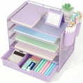 LEKETREE Desk Organizers and Accessories, 5-Tier Paper Letter Tray Organizer with Drawer & 2 Pen Holders, Desktop Organizer for Office Supplies (Purple) by Stylishworkspaceeffortlessorganization