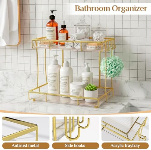 Bathroom Organizer Countertop Perfume Organizer Makeup Organizer Cosmetics Storage Display Rack Vanity Tray Dresser Steel Gold Shelf Transparency Wavy Acrylic Tray (2 Tier Golden) - Image 5