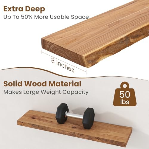 Floating Shelves for Wall Decor, Rustic Solid Elm Wood Live Edge Floating Shelves Wall Mounted, Wall Shelves with Invisible Bracket for Living Room Bathroom Bedroom Kitchen, 30 Inch Set of 2, Natural - Image 5