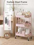 Booklov Rolling Makeup Cart Organizer, 3 Tier Utility Storage Cart, Pink - Image 3