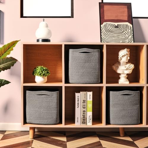 ICERZCZ 13 Inch Cube Closet Storage Bins, Woven Cotton Rope Organizer Baskets for Organizing & Shelves, Books, Towels, Clothes, Toys, 13x13x13 in, Grey (Pack of 3) - Image 3