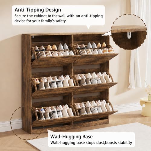 Shoe Storage Cabinet, Wood Shoe Organizer for Entryway with 3 Flip Drawers, Freestanding Shoe Rack with Adjustable Shelf, Narrow Shoe Dresser for Front Door Entrance (Brown, Regular 6 Drawers) - Image 5