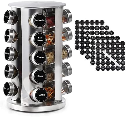 DOUBLE 2 C Revolving Spice Rack with 20 Jars, Rotating Spice Rack Organizer, Seasoning Organizer with Labels, Stainless Steel Spice Carousel for Kitchen Countertop, Cabinet by DOUBLE2C
