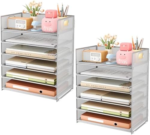 Subekyu 6-Tier Desk Paper Organizer, Desktop File Letter Tray with Handle, Document Sorter and Accessories Holder for Office, Home and School Workspace Organizers, Silver - 2 Pack by SUBEKYU