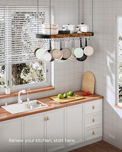 CHOEZON 39.4-Inch Hanging Pot Rack, Space-Saving Pot Hanger for Kitchen, Ceiling Pan Hanging Rack with 16 Detachable S Hooks, Sturdy Metal Frame, Industrial Style, Rustic Brown and Black TPR10BF - Image 3