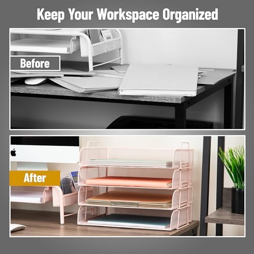 Mind Reader Stackable Paper Tray, Desktop Organizer, File Storage, Office, Metal Mesh, 4 Pcs., Pink - Image 5